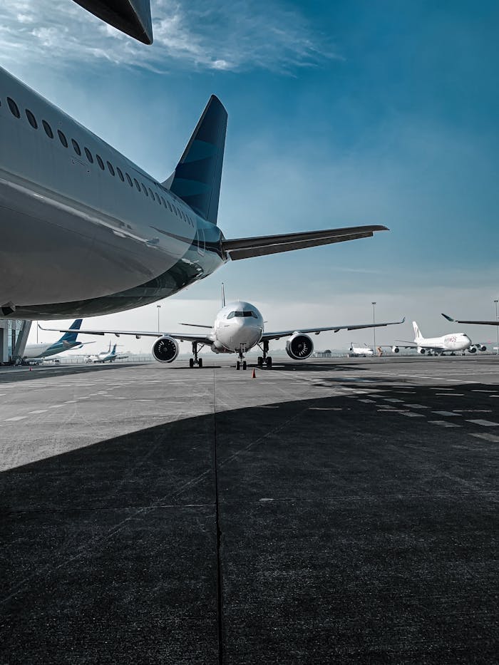 Low angle of various airplanes parked on airfield against blue sky on sunny day