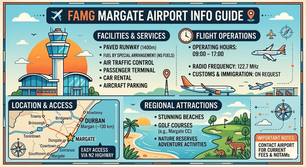 FAMG Margate Airport informational guide infographic. The image displays a control tower, facilities, operating hours 09:00 - 17:00, location map with Durban access, and regional attractions including beaches, golf courses, and nature reserves in South Africa